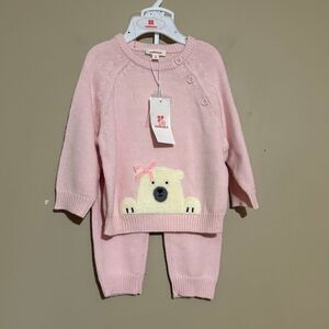 Catimini Baby Girl Pink Polar Bear Bow Sweater Pant Matching 2 Piece Set 3 Month